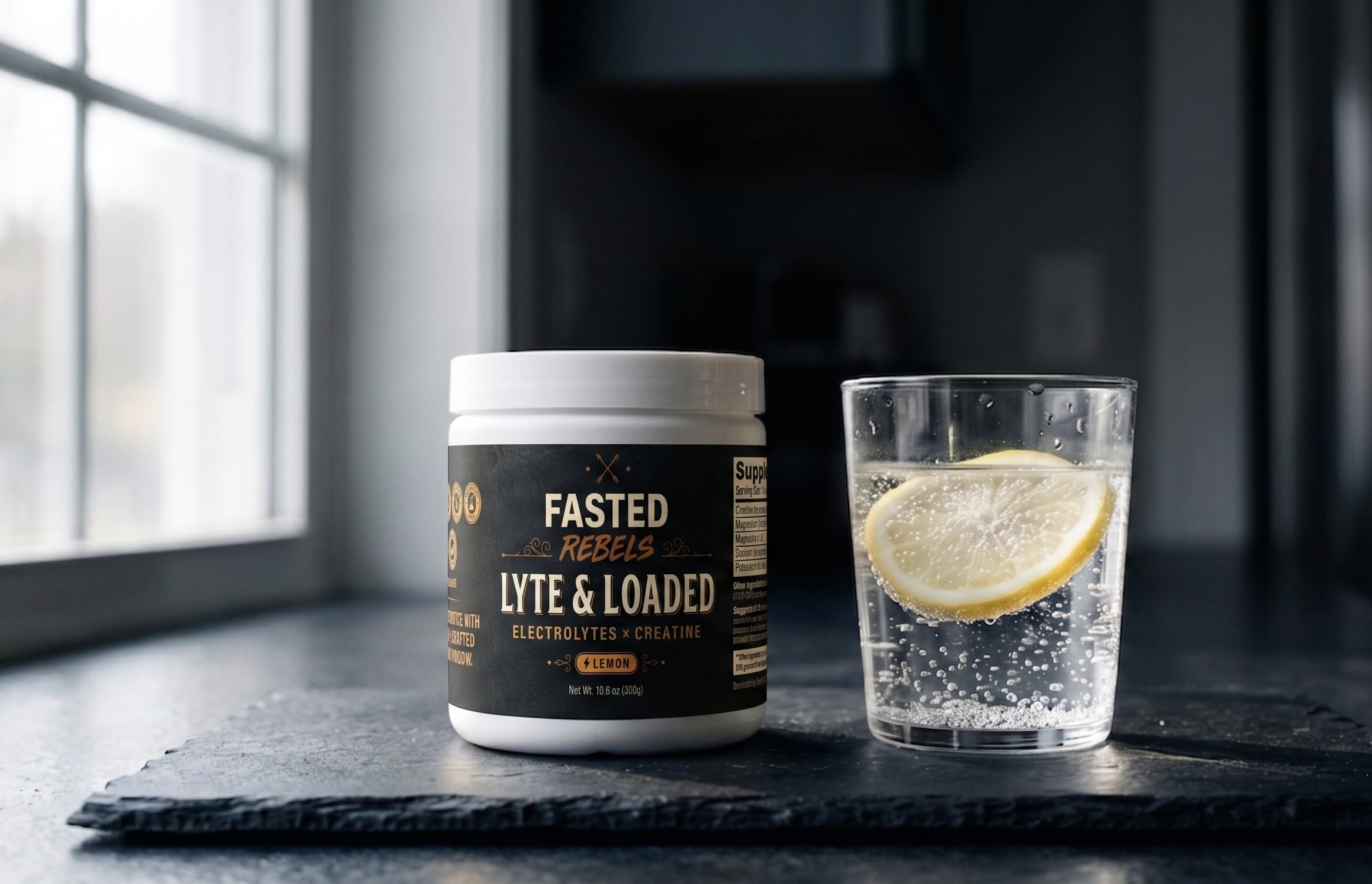 Fasted Rebels Lyte & Loaded — Electrolytes + Creatine supplement for intermittent fasting, dark lifestyle shot with lemon water